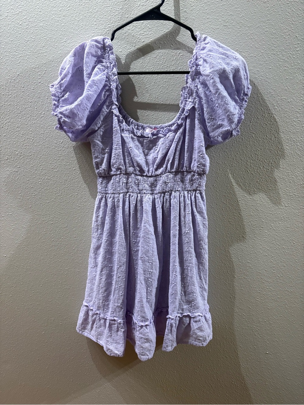 Pink Lily Lavender Lilac Eyelet Smocked Puff Sleeve Mini Dress Size S